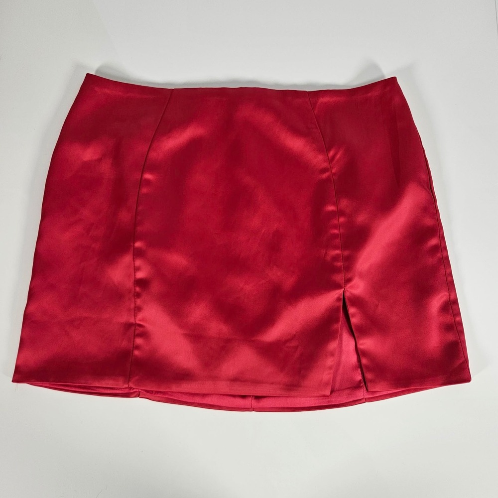 Oh Polly Red Satin Mini Skirt High Waisted Side Slit Size US 2 UK 6